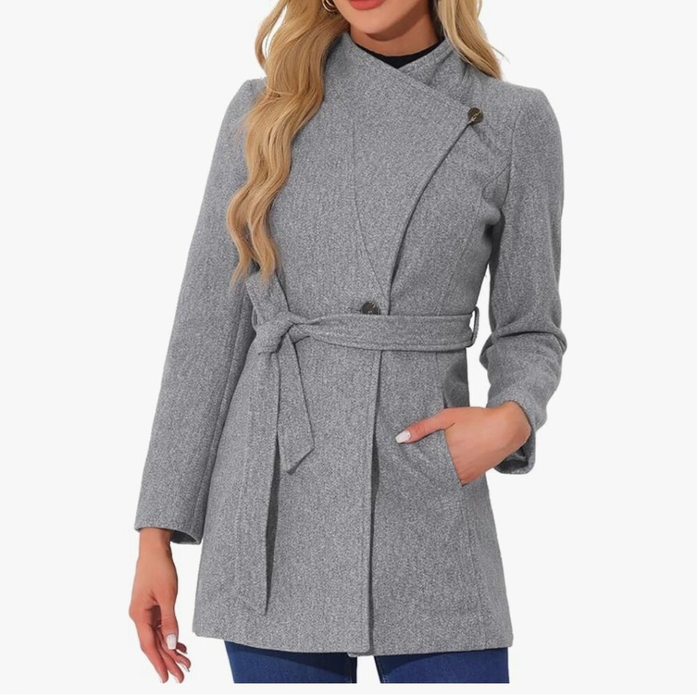 Allegra K Women's Stand Collar Long Sleeve Winter Belted Long Coat Medium